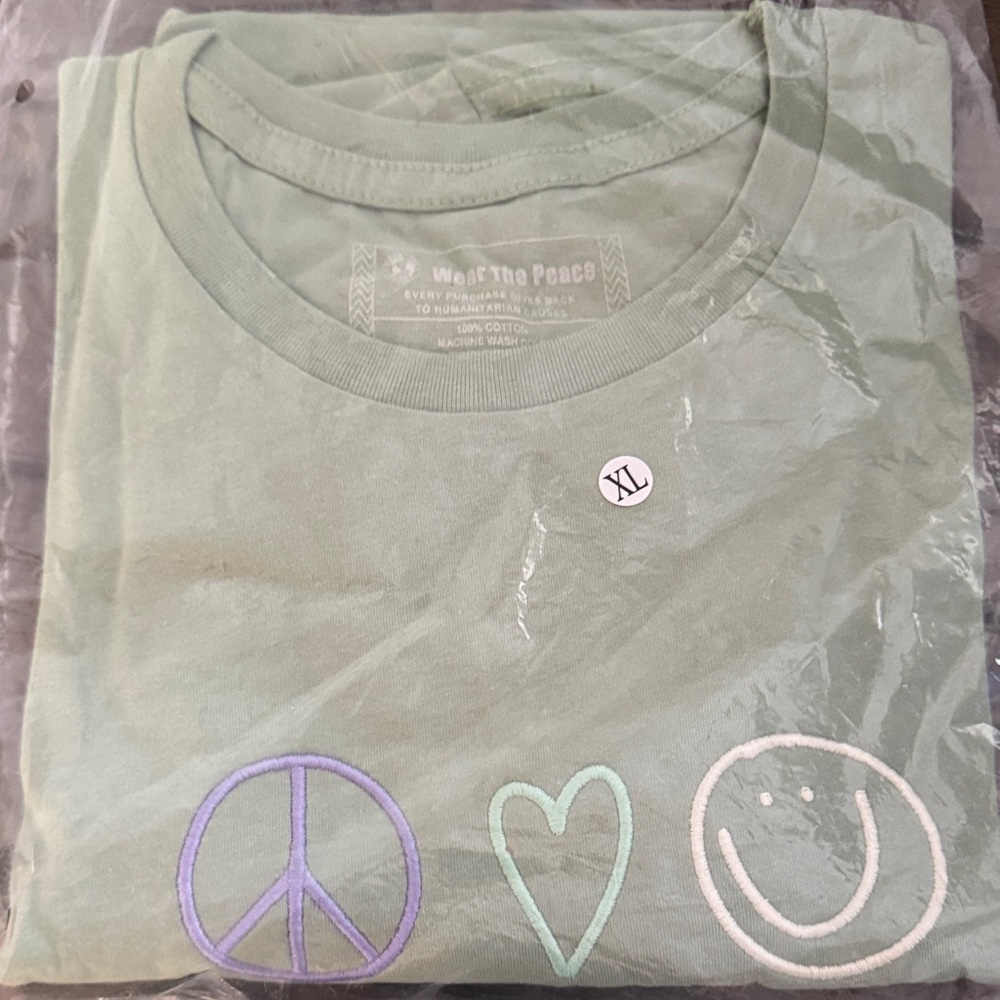 H&M Light Green Tee with Peace, Heart, and Smile